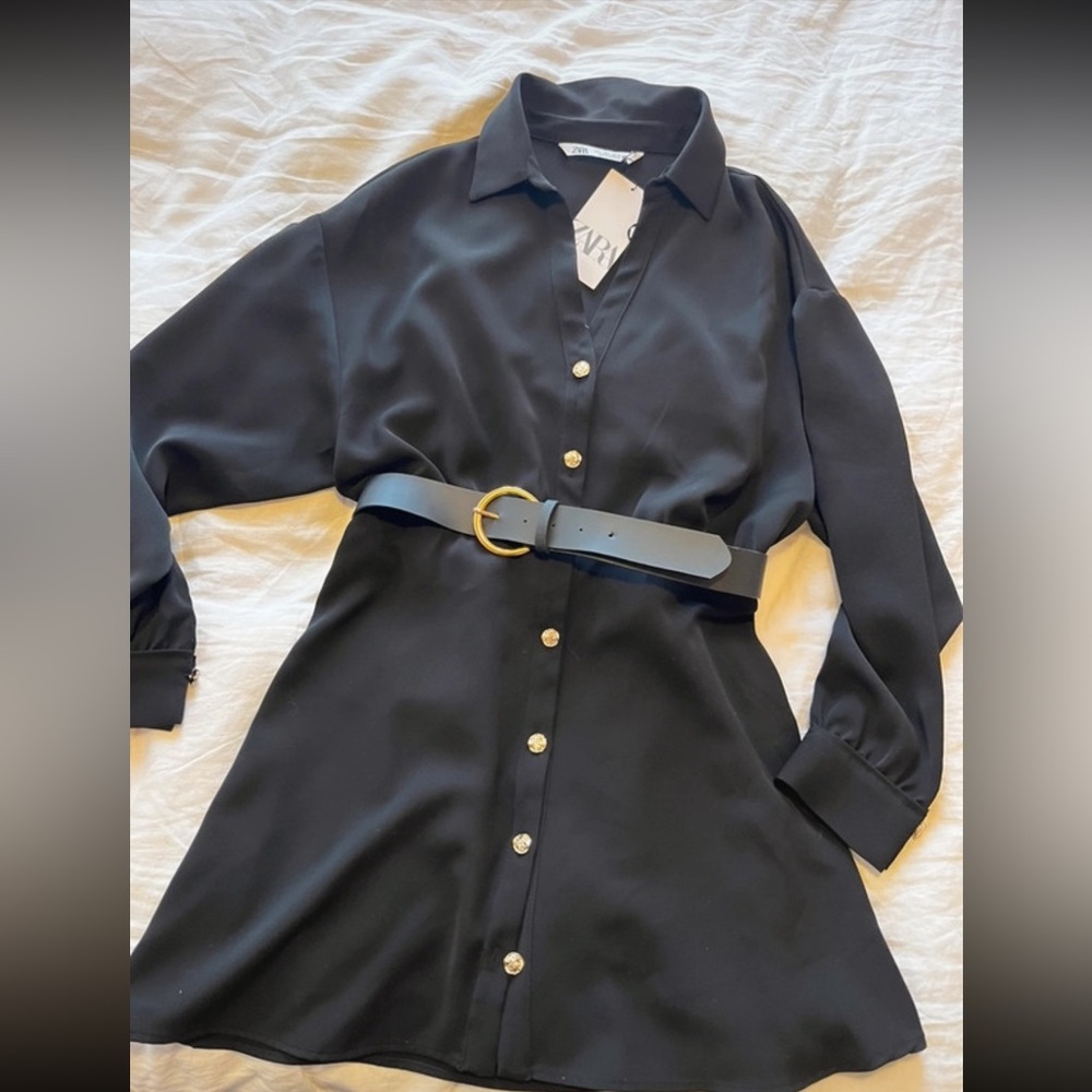 ZARA black little dress with belt and hold buttons L - NWT